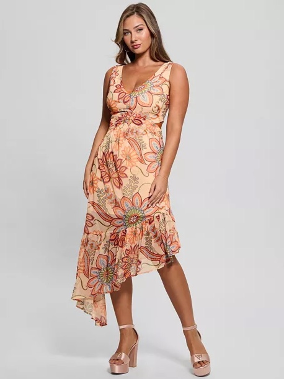 Guess Peach Floral V-Neck Asymmetric Hem Dress